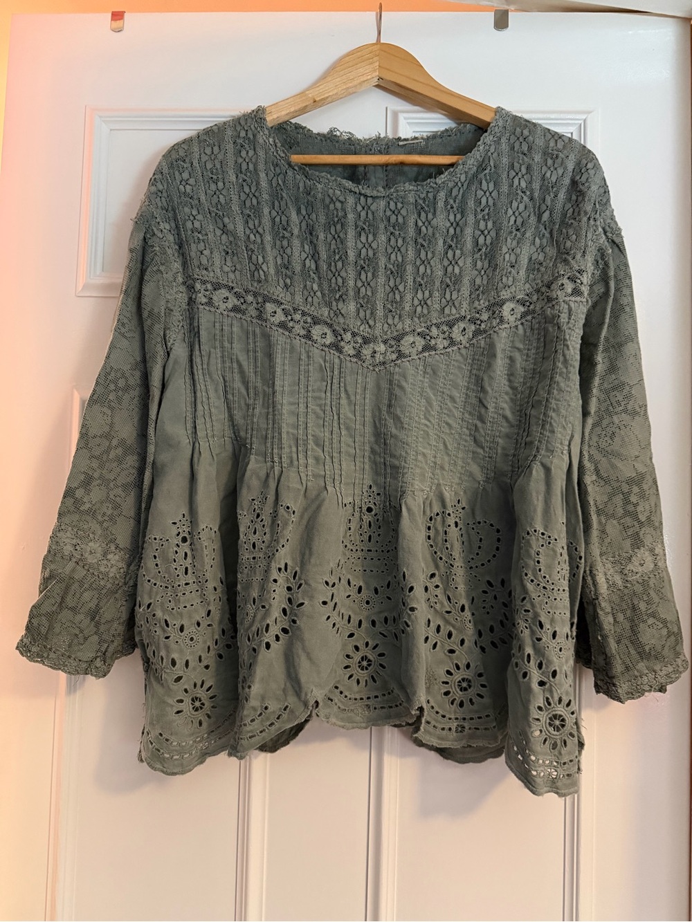 Magnolia Pearl Jodi Blouse with Lace & Eyelet in Sage - Picture 4 of 5